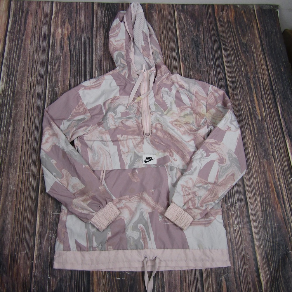 Nike Hooded Windbreaker Jacket Womens Small Pink Marble Anorak Pullover Half Zip